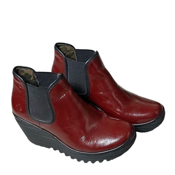 Fly London Burgundy wedge platform Yat Chelsea Bootie boots 38 8 Portugal NEW - Picture 1 of 16